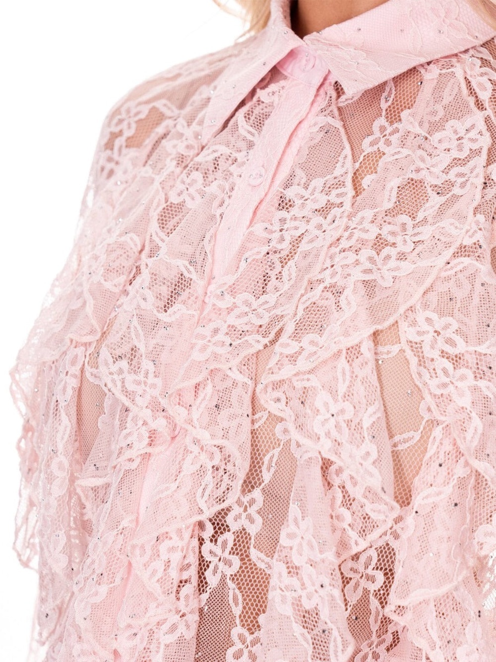 Romantic Pink Sheer Lace Ruffle Blouse - Women's Tops - Picture 3 of 3